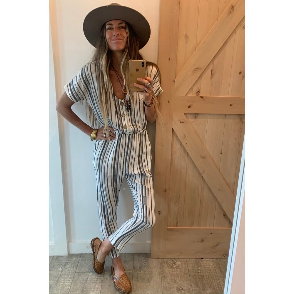 Jens Pirate Booty X Free People Ivory & Charcoal Striped Casual Boho Jumpsuit - Picture 11 of 14